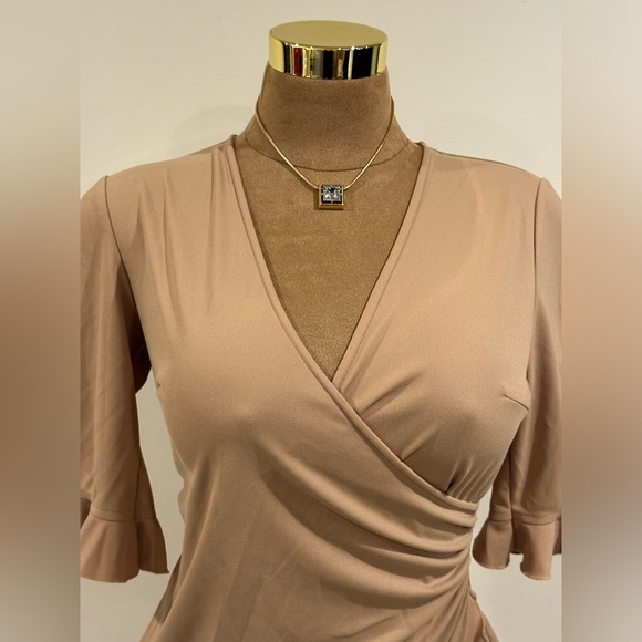 Express Golden Yellow V Neck Wrap Look, Ruffle Edges Draped Midi Dress Sz S - Picture 6 of 13